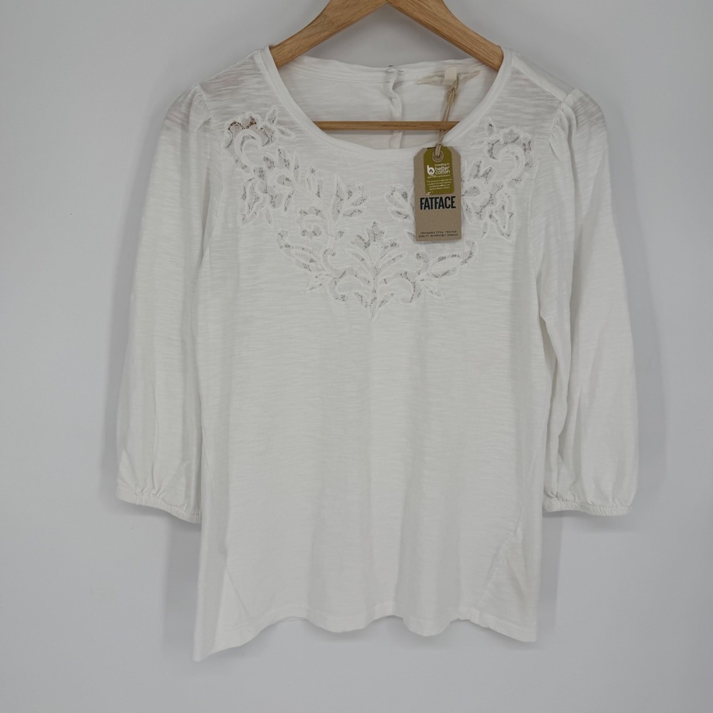 FatFace Penny Lace Top White Embroidered Slub Knit 3/4 Sleeve Feminine size 8